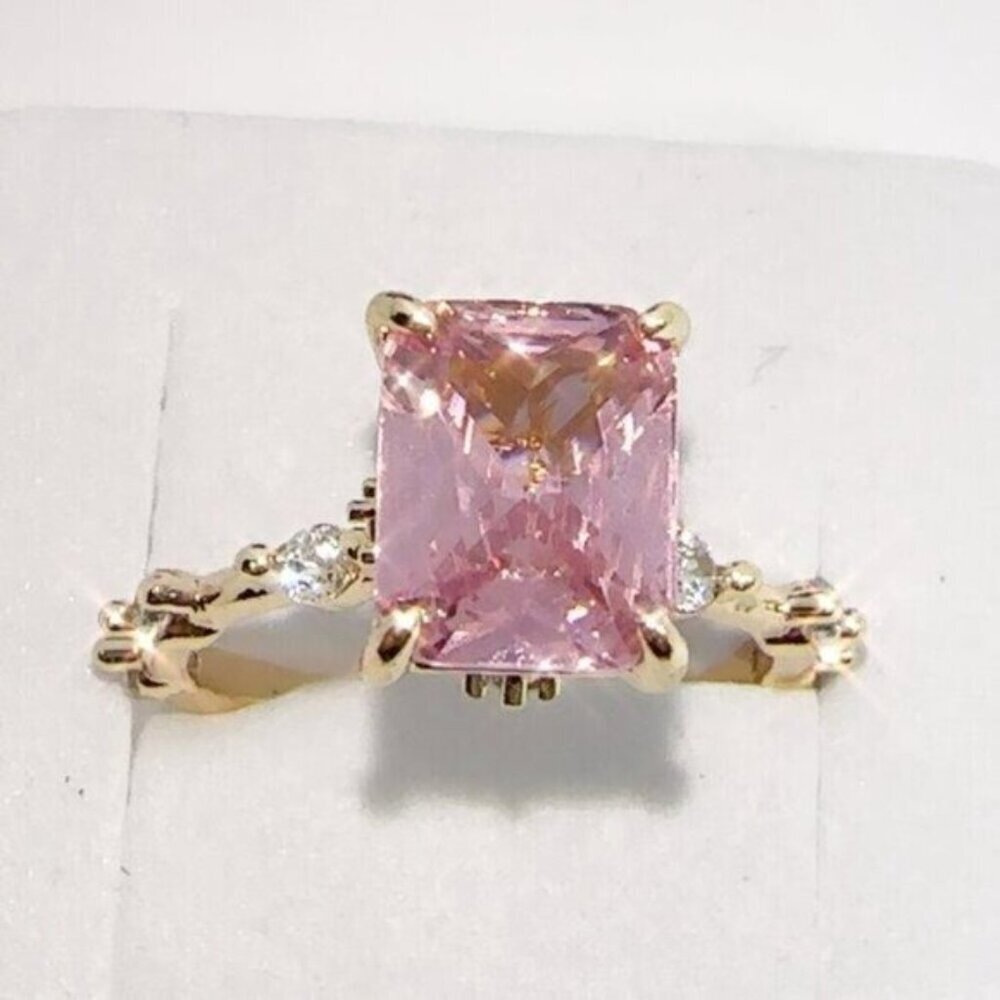 Princess Cut Pink CZ Ring Gold Plated Brass Size 8 - Picture 6 of 12